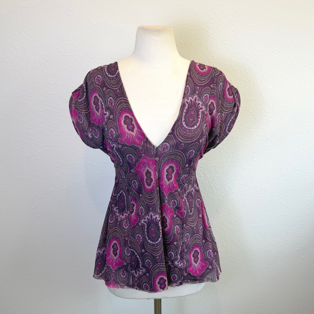 Vtg Y2K Mesh Deep V Tie Back Blouse Womens Medium Retro Indie Coquette